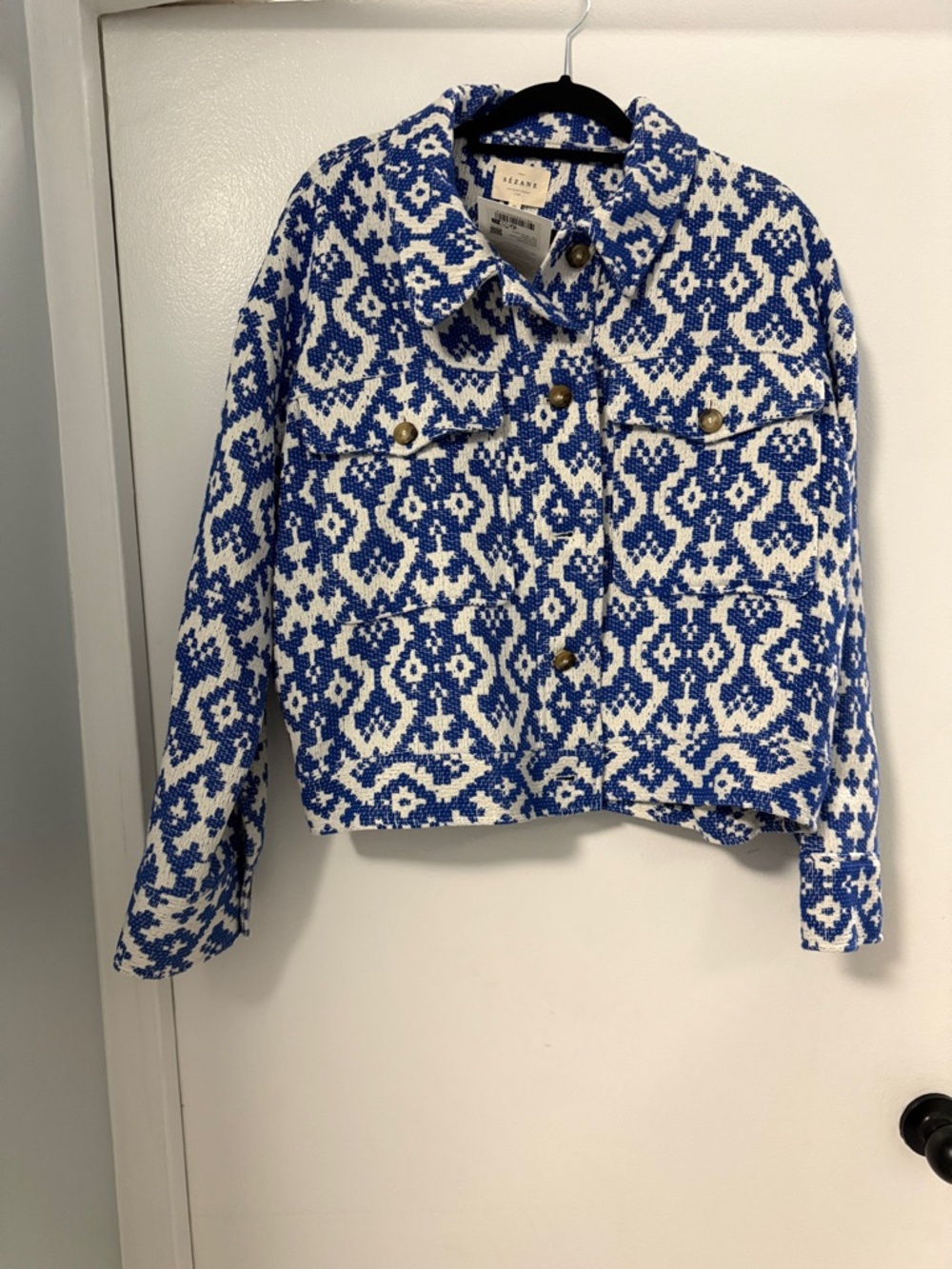 Sezane Blue & White Patterned Cropped Jacket - Picture 1 of 3